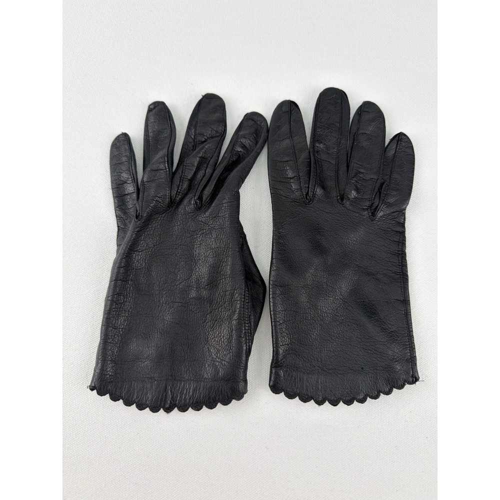 Leather Gloves Womens M Black Scalloped Trim Goth Minimalist